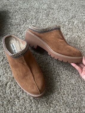 Anne Klein Brown Suede Platform Clogs with Trim